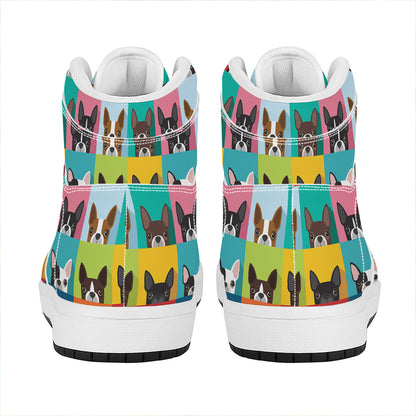 Boston Terrier Puppy Faces Print High Top Leather Sneakers