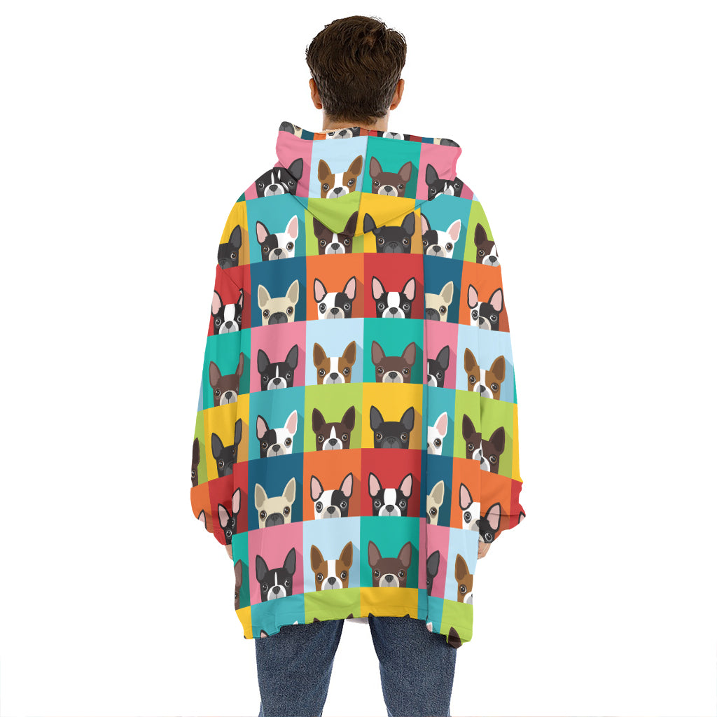 Boston Terrier Puppy Faces Print Hoodie Blanket