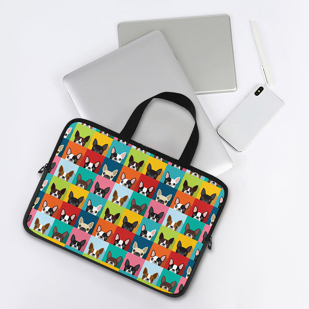 Boston Terrier Puppy Faces Print Laptop Sleeve With Handle