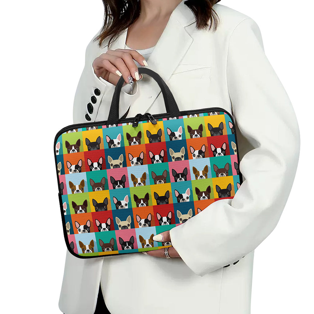 Boston Terrier Puppy Faces Print Laptop Sleeve With Handle