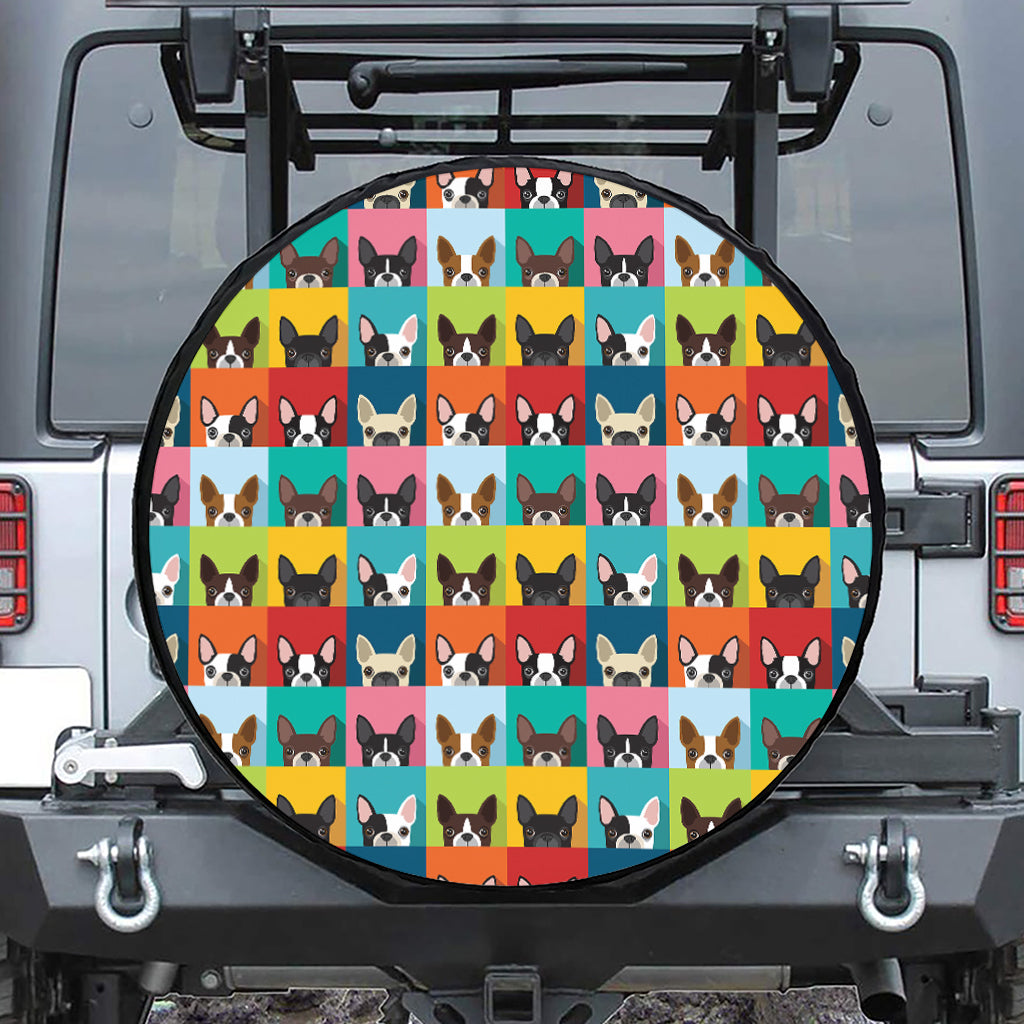 Boston Terrier Puppy Faces Print Leather Spare Tire Cover