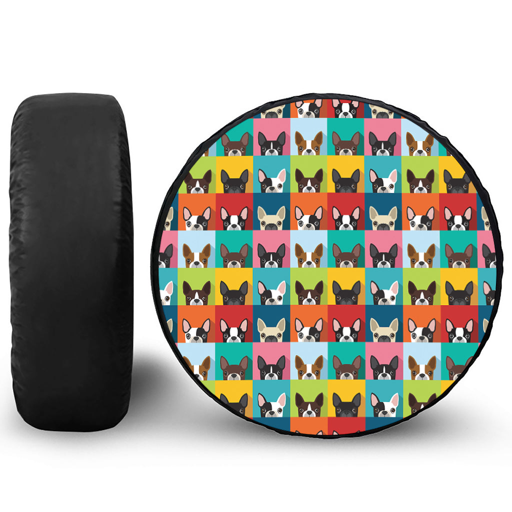 Boston Terrier Puppy Faces Print Leather Spare Tire Cover