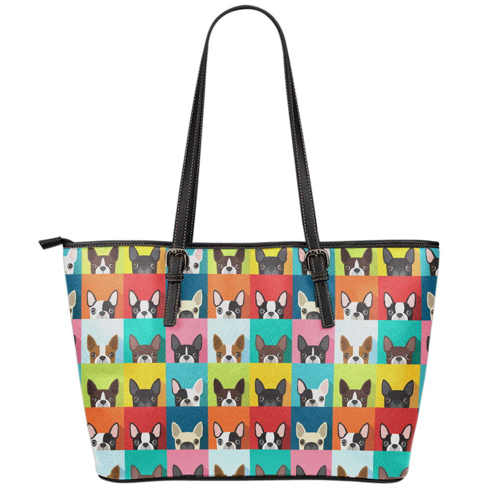 Boston Terrier Puppy Faces Print Leather Tote Bag