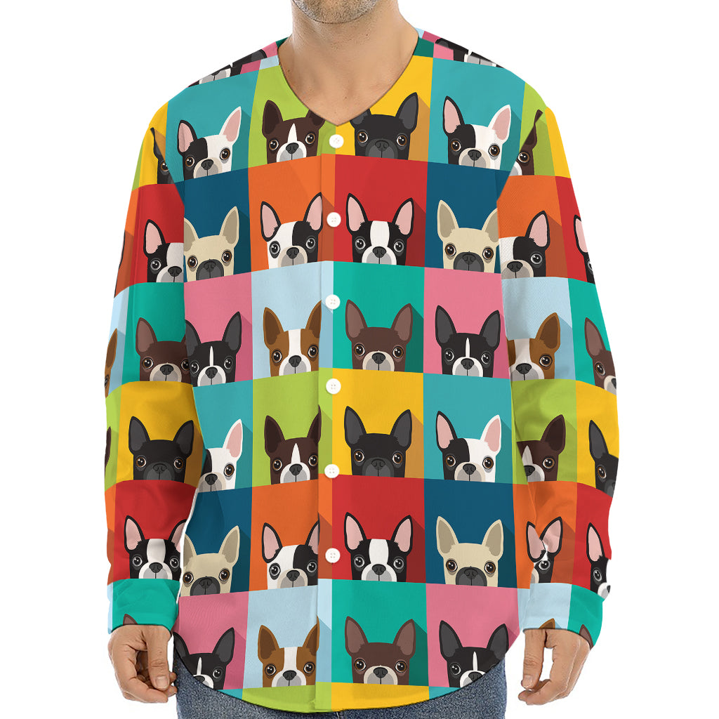 Boston Terrier Puppy Faces Print Long Sleeve Baseball Jersey