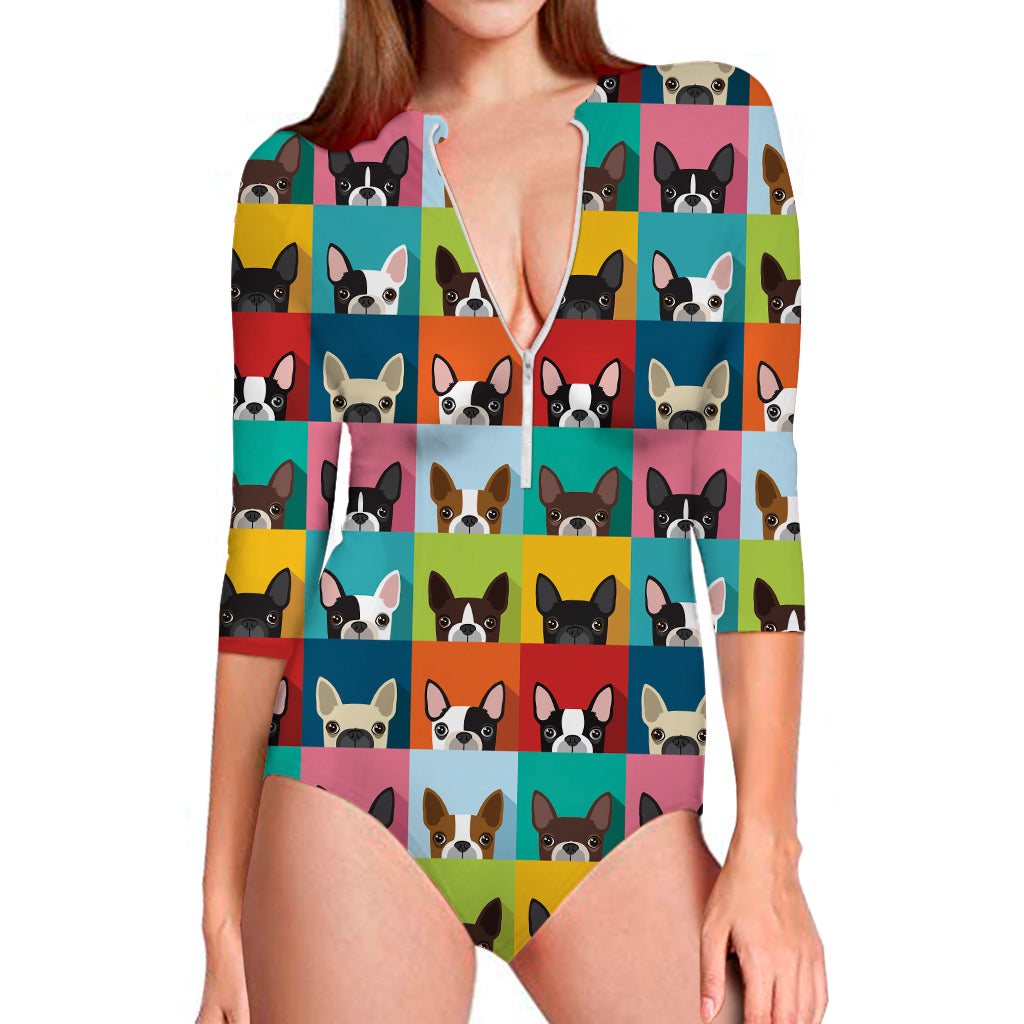 Boston Terrier Puppy Faces Print Long Sleeve Swimsuit