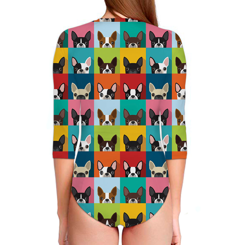 Boston Terrier Puppy Faces Print Long Sleeve Swimsuit