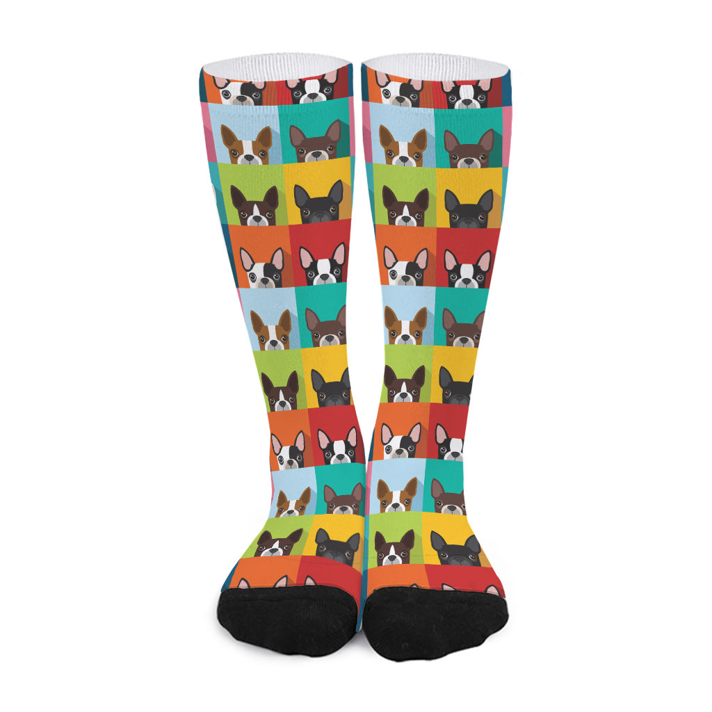 Boston Terrier Puppy Faces Print Long Socks