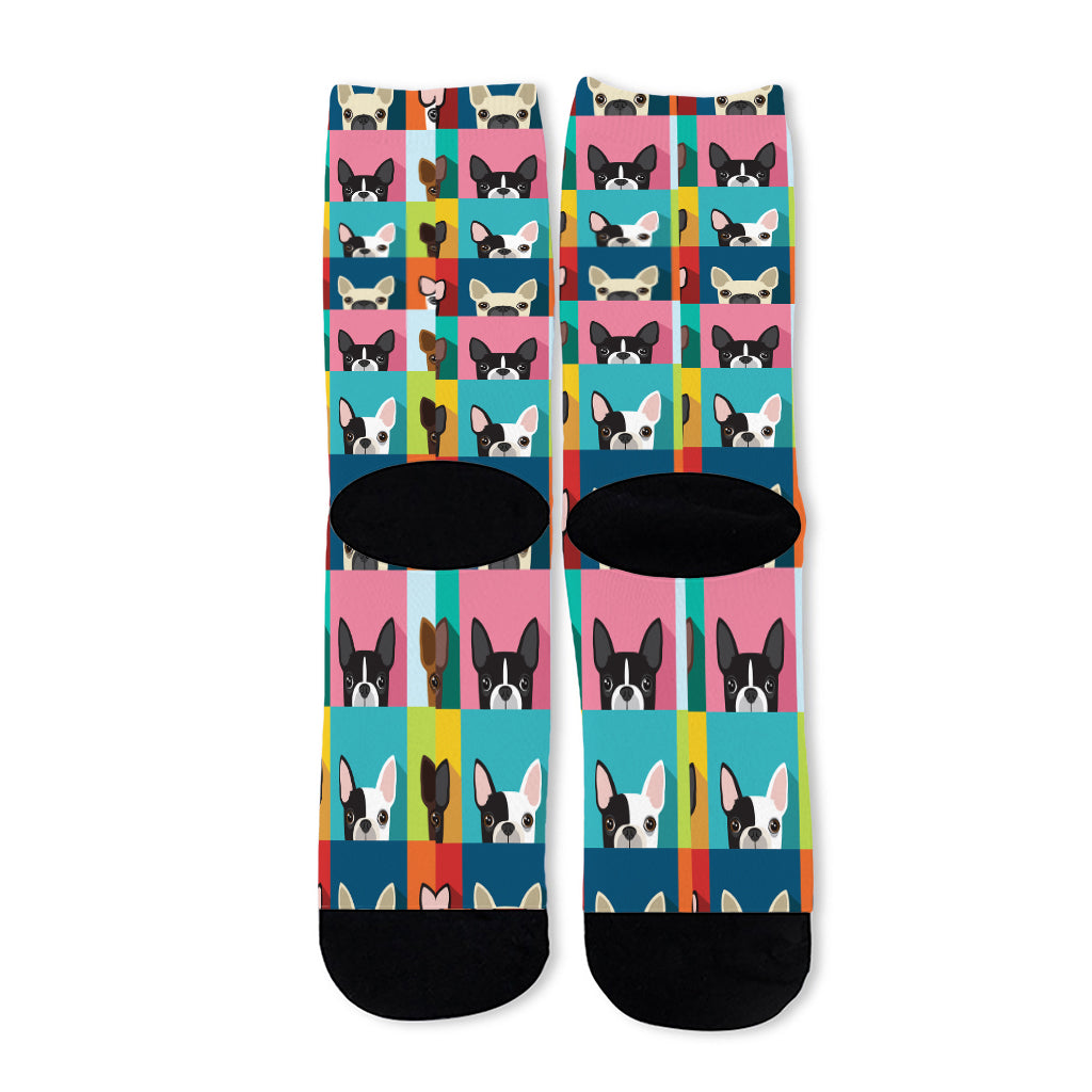 Boston Terrier Puppy Faces Print Long Socks