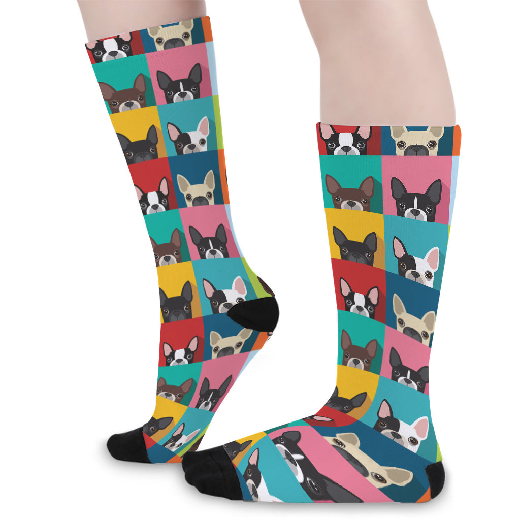 Boston Terrier Puppy Faces Print Long Socks