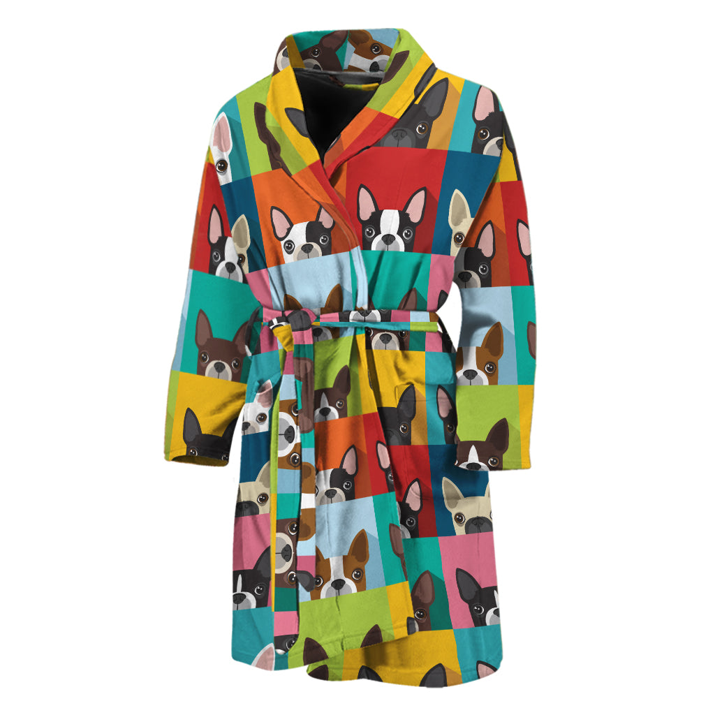 Boston Terrier Puppy Faces Print Men's Bathrobe