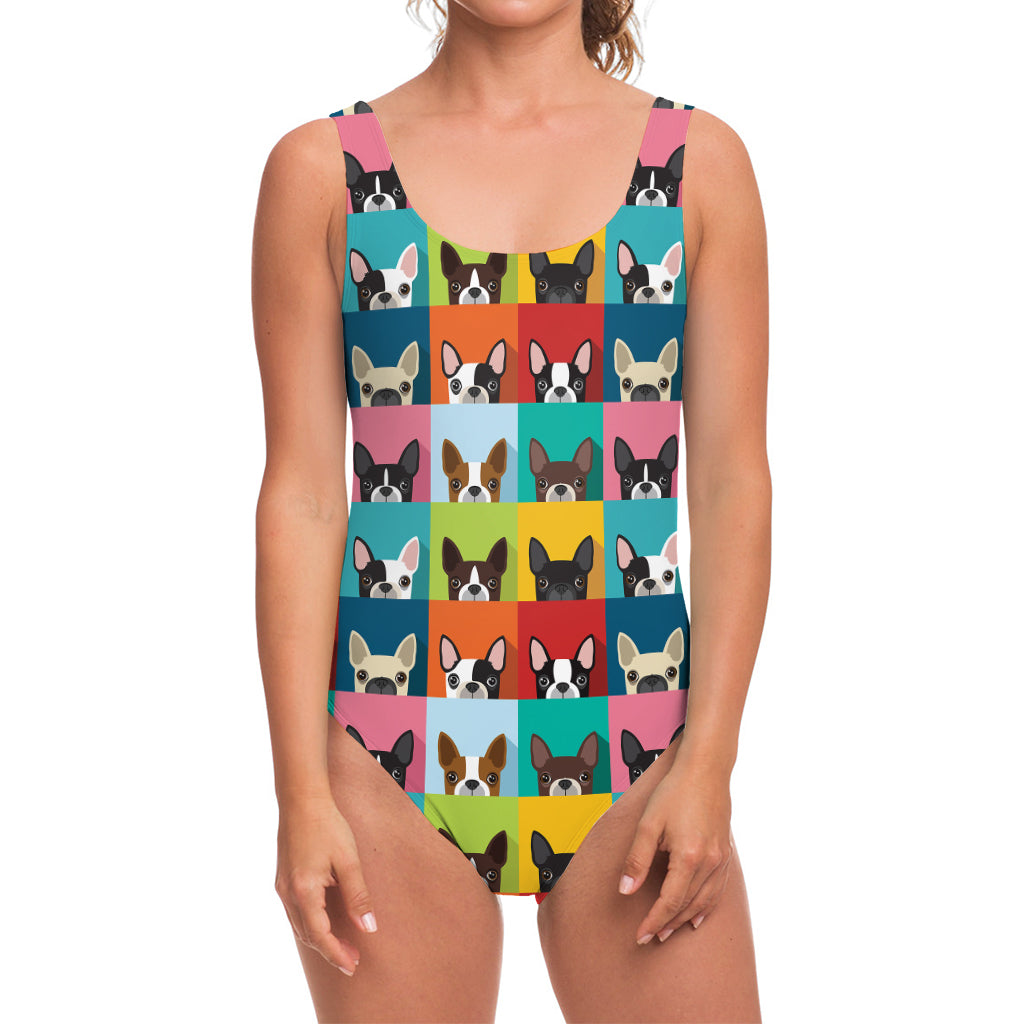 Boston Terrier Puppy Faces Print One Piece Swimsuit