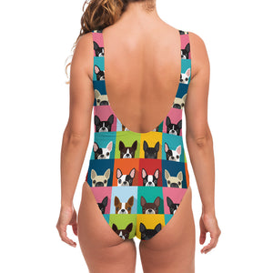 Boston Terrier Puppy Faces Print One Piece Swimsuit