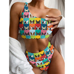 Boston Terrier Puppy Faces Print One Shoulder Bikini Top