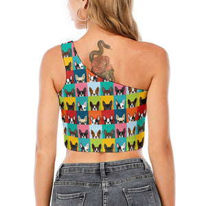 Boston Terrier Puppy Faces Print One Shoulder Crop Top