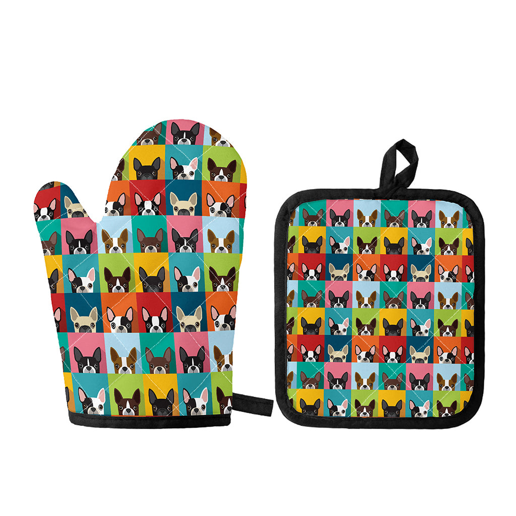 Boston Terrier Puppy Faces Print Oven Mitt And Pot Holder Set
