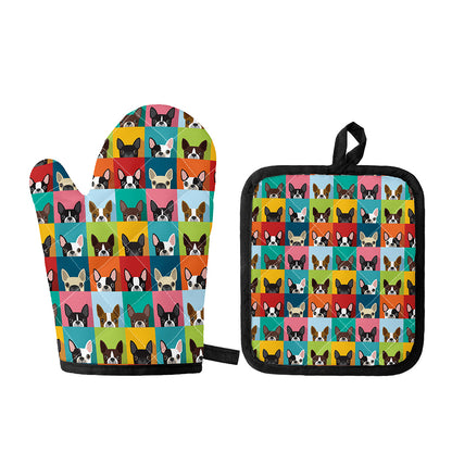 Boston Terrier Puppy Faces Print Oven Mitt And Pot Holder Set