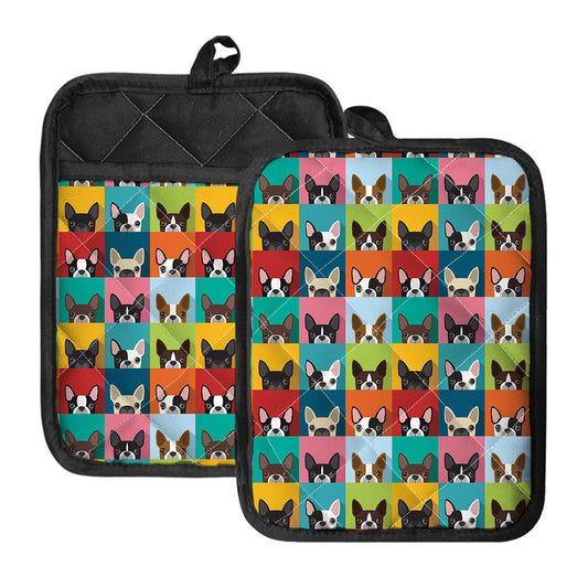 Boston Terrier Puppy Faces Print Pot Holders With Pocket