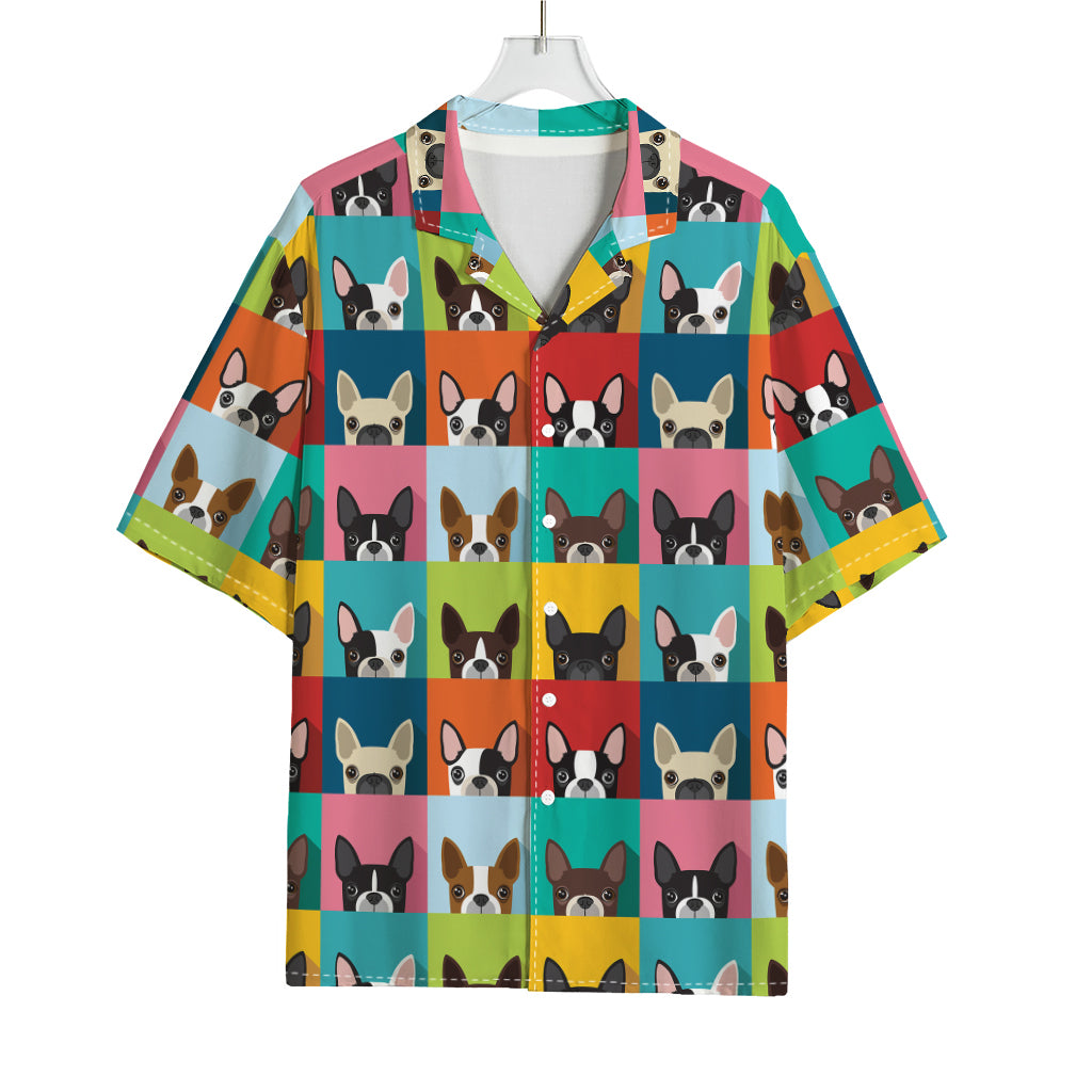 Boston Terrier Puppy Faces Print Rayon Hawaiian Shirt