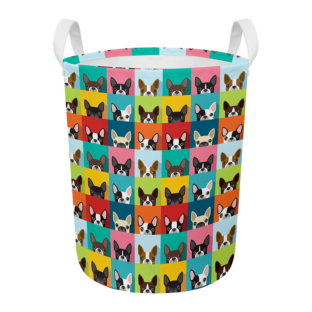Boston Terrier Puppy Faces Print Round Laundry Basket