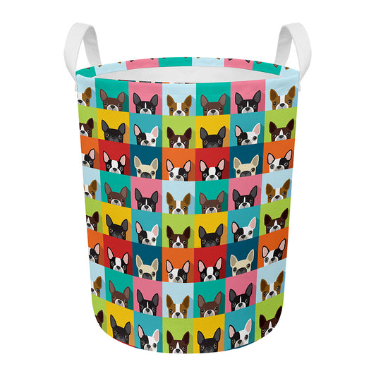 Boston Terrier Puppy Faces Print Round Laundry Basket