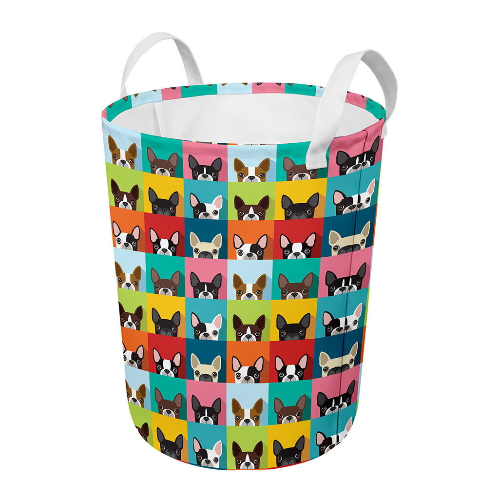 Boston Terrier Puppy Faces Print Round Laundry Basket
