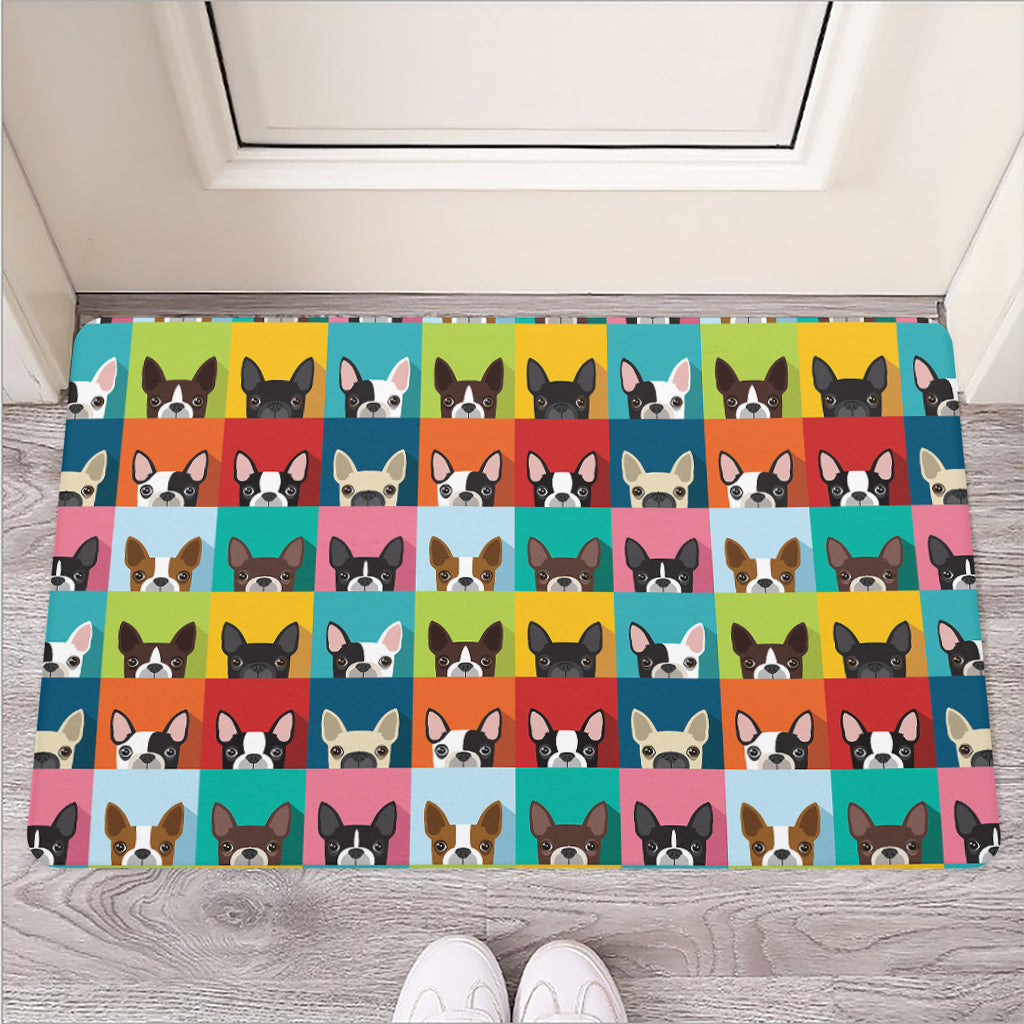 Boston Terrier Puppy Faces Print Rubber Doormat