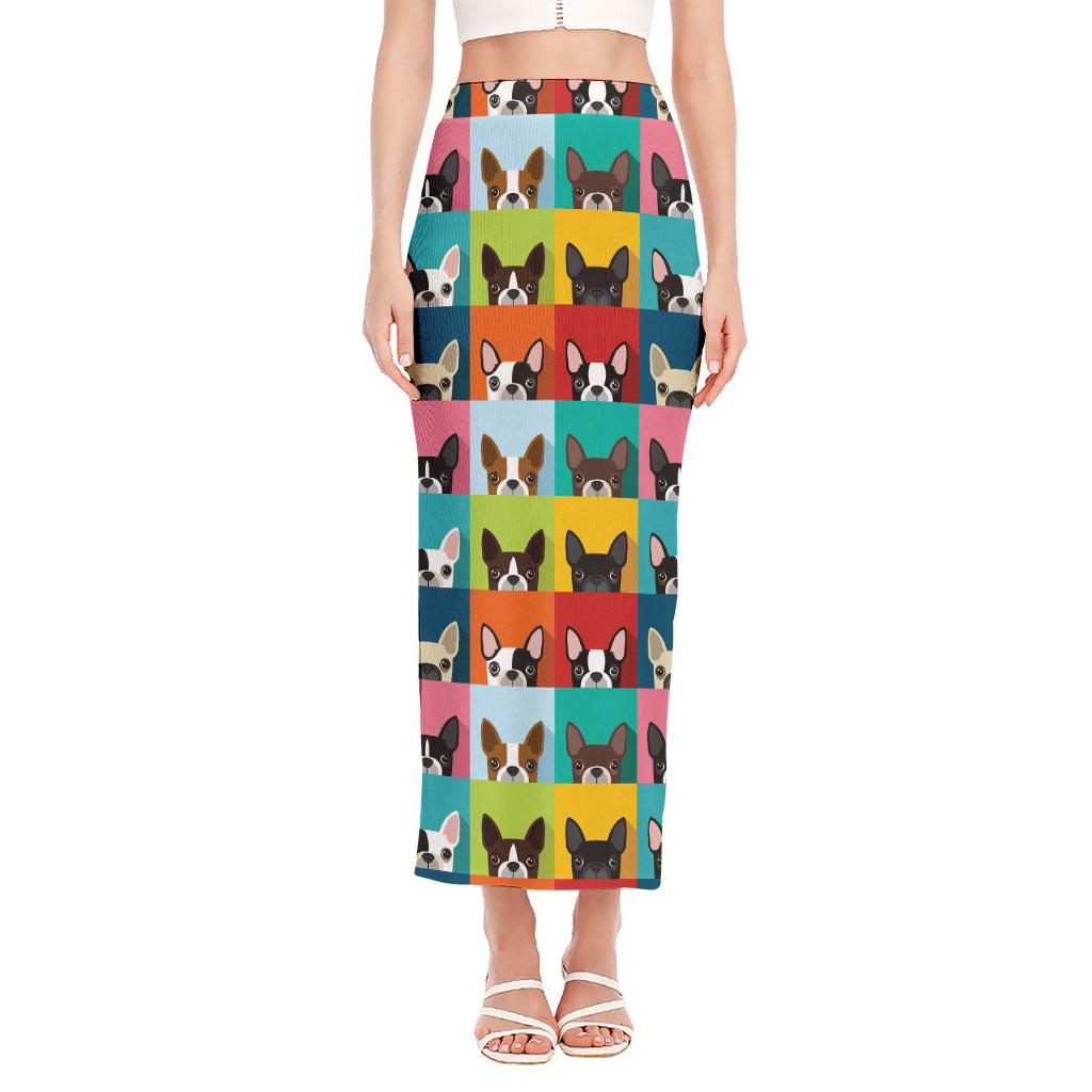 Boston Terrier Puppy Faces Print Side Slit Maxi Skirt