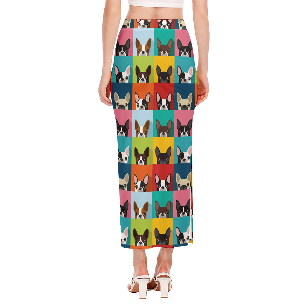 Boston Terrier Puppy Faces Print Side Slit Maxi Skirt