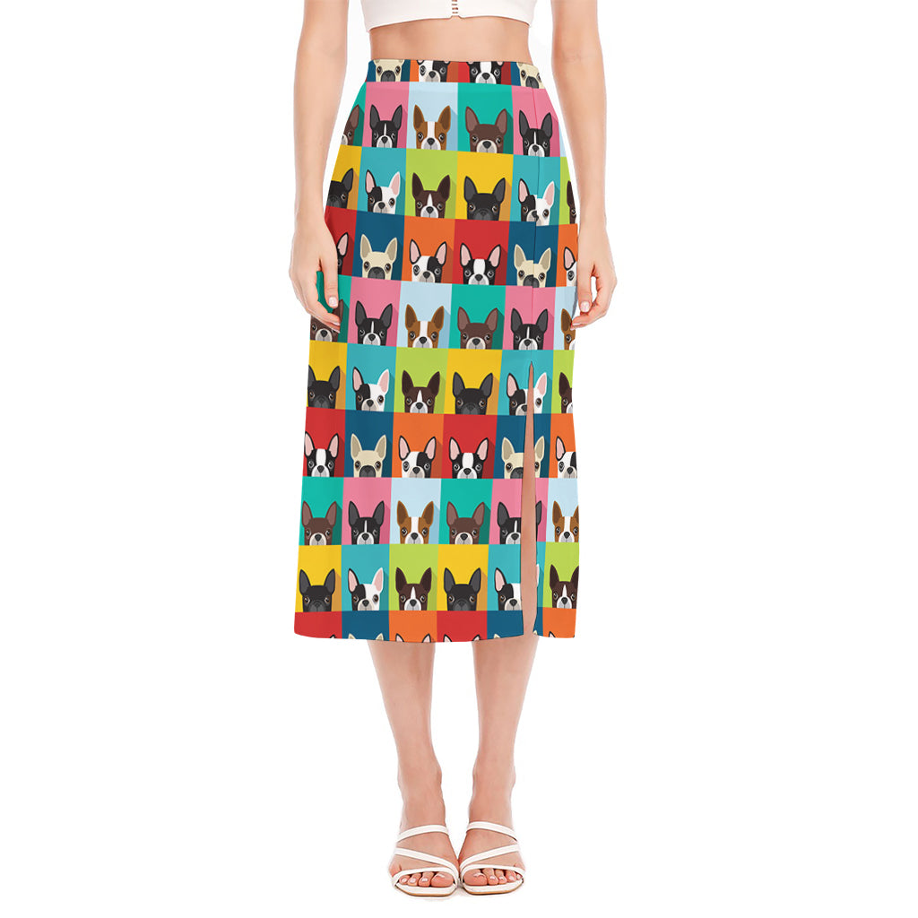 Boston Terrier Puppy Faces Print Side Slit Midi Skirt