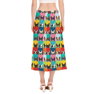 Boston Terrier Puppy Faces Print Side Slit Midi Skirt