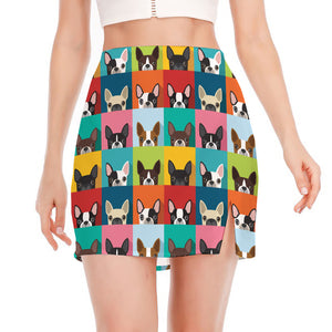 Boston Terrier Puppy Faces Print Side Slit Mini Skirt