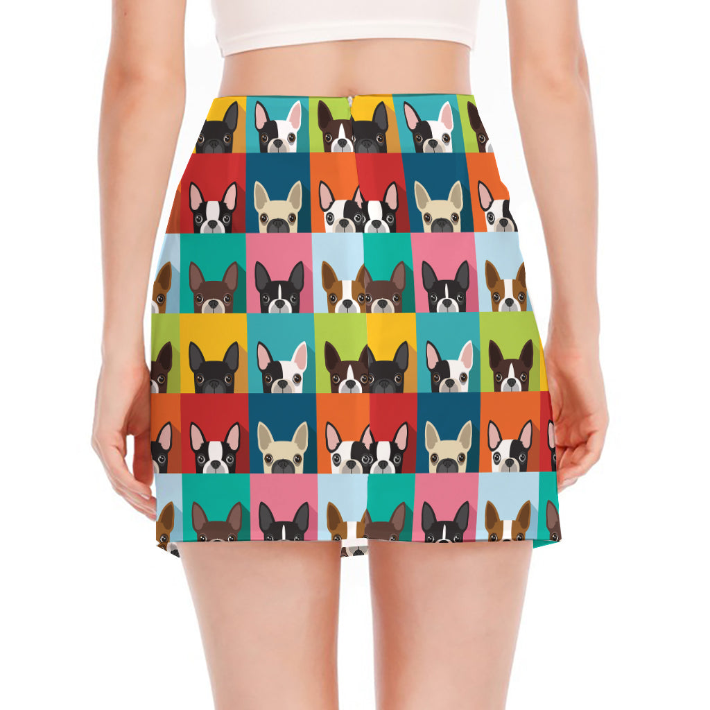 Boston Terrier Puppy Faces Print Side Slit Mini Skirt