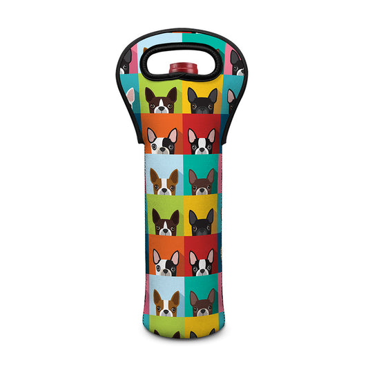 Boston Terrier Puppy Faces Print Single Neoprene Wine Tote