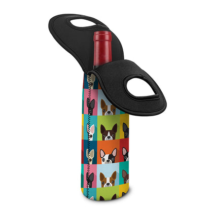 Boston Terrier Puppy Faces Print Single Neoprene Wine Tote