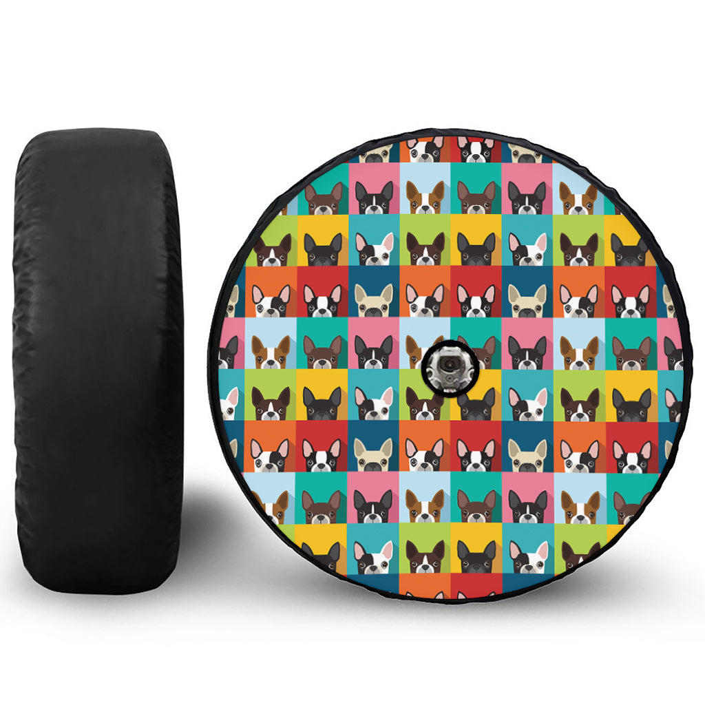 Boston Terrier Puppy Faces Print Tire Cover With Camera Hole