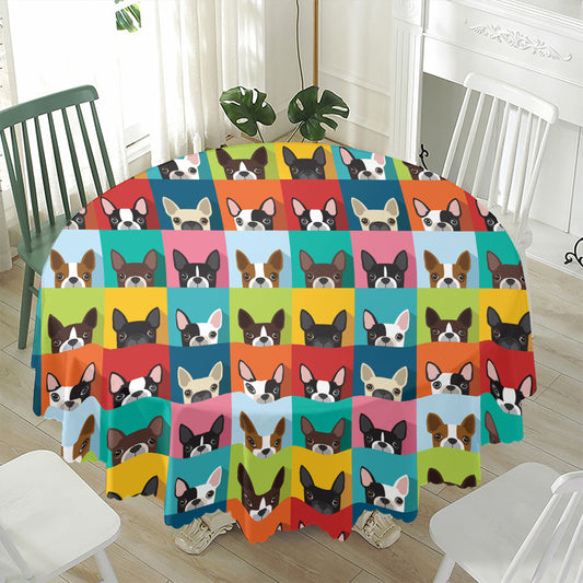 Boston Terrier Puppy Faces Print Waterproof Round Tablecloth