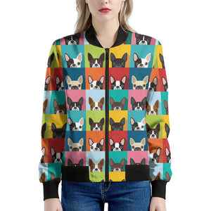 Boston Terrier Puppy Faces Print Women's Bomber Jacket