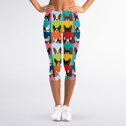 Boston Terrier Puppy Faces Print Women's Capri Leggings