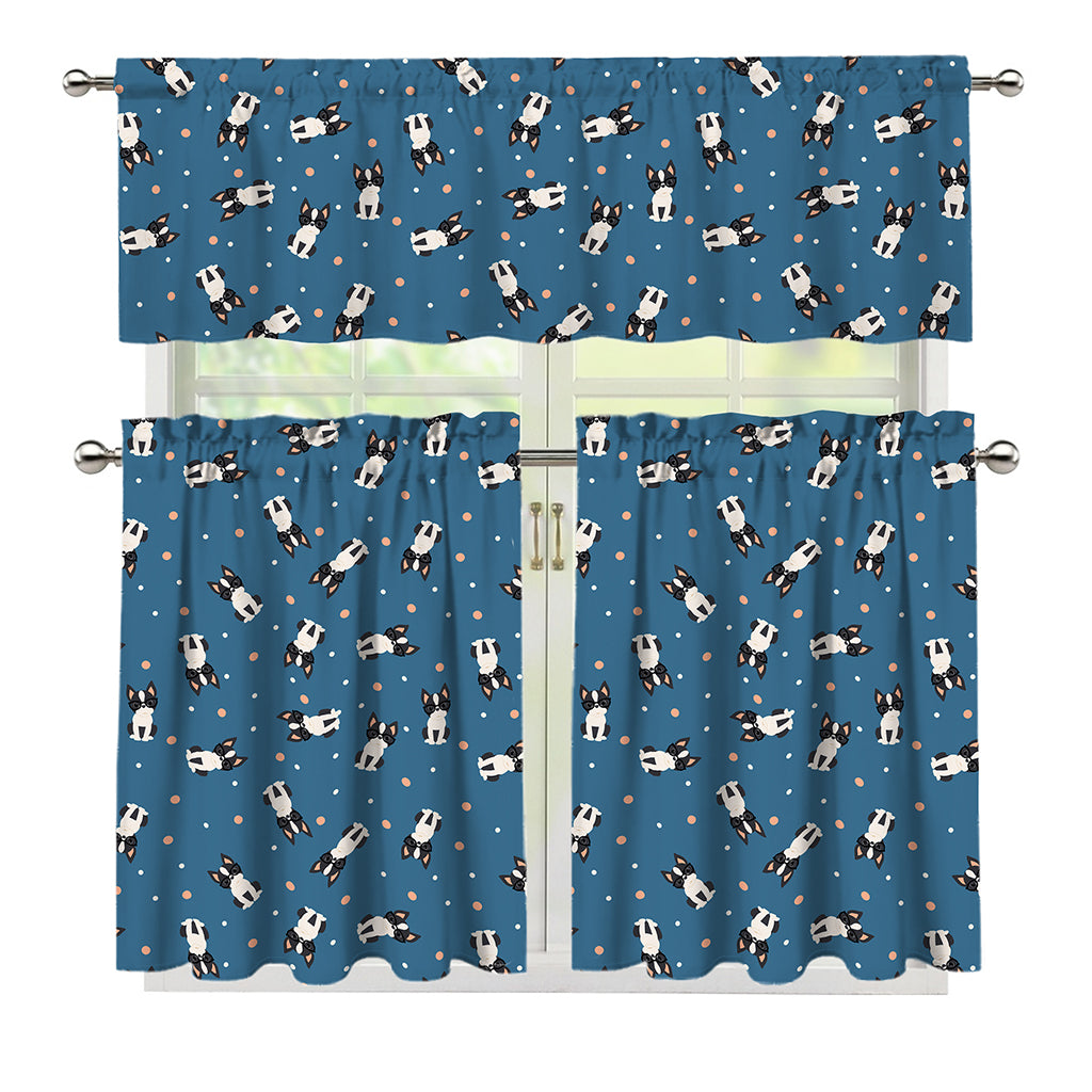 Boston Terrier With Glasses Print 3 Piece Kitchen Curtains