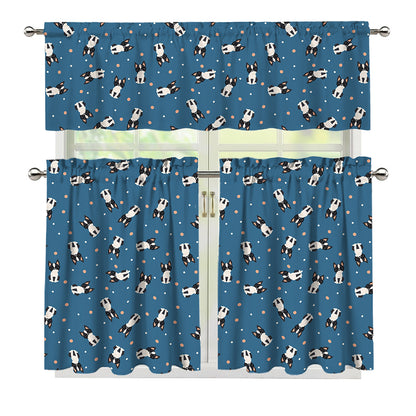 Boston Terrier With Glasses Print 3 Piece Kitchen Curtains