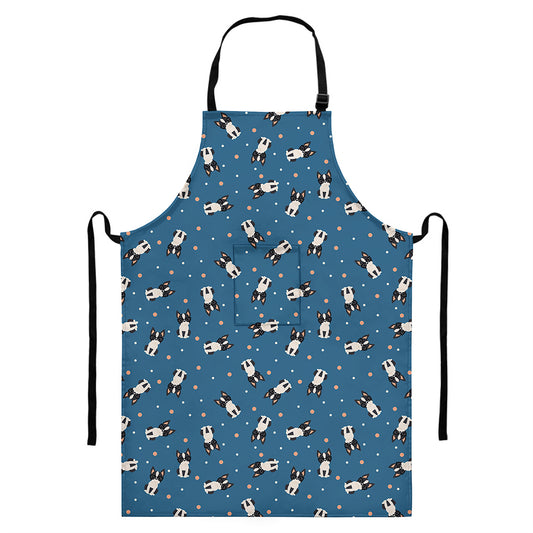 Boston Terrier With Glasses Print Bib Apron With Pocket