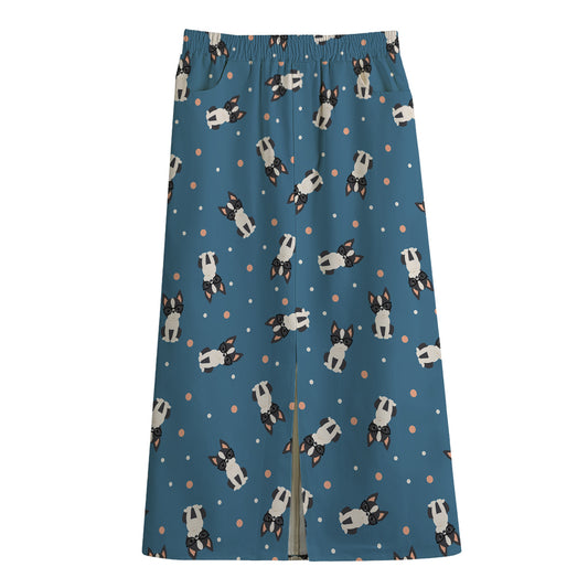 Boston Terrier With Glasses Print Cotton Front Slit Maxi Skirt