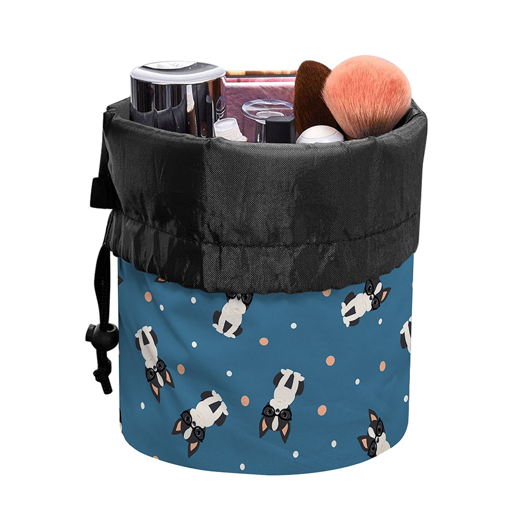 Boston Terrier With Glasses Print Drawstring Makeup Bag