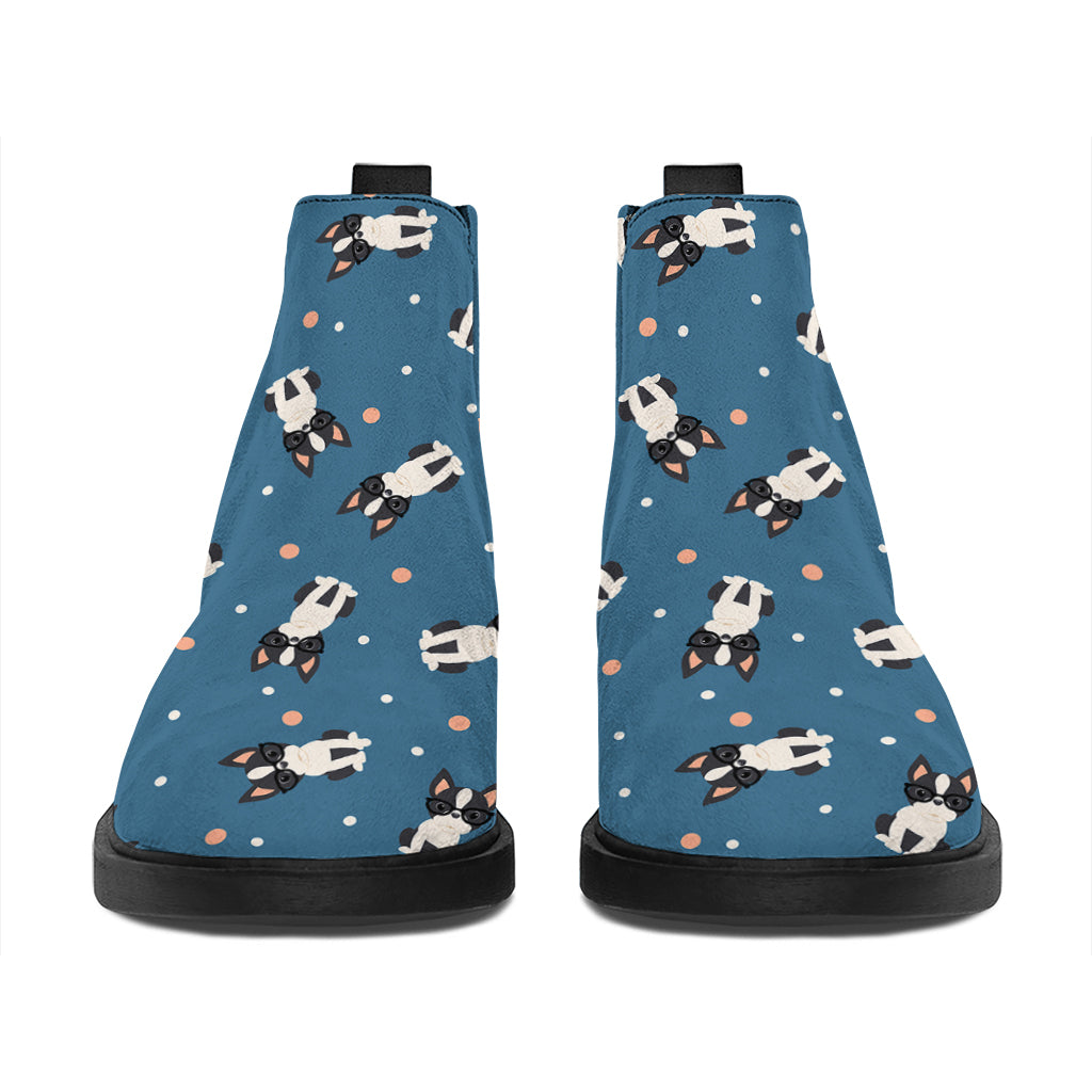 Boston Terrier With Glasses Print Flat Ankle Boots