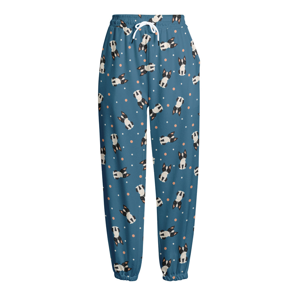 Boston Terrier With Glasses Print Fleece Lined Knit Pants