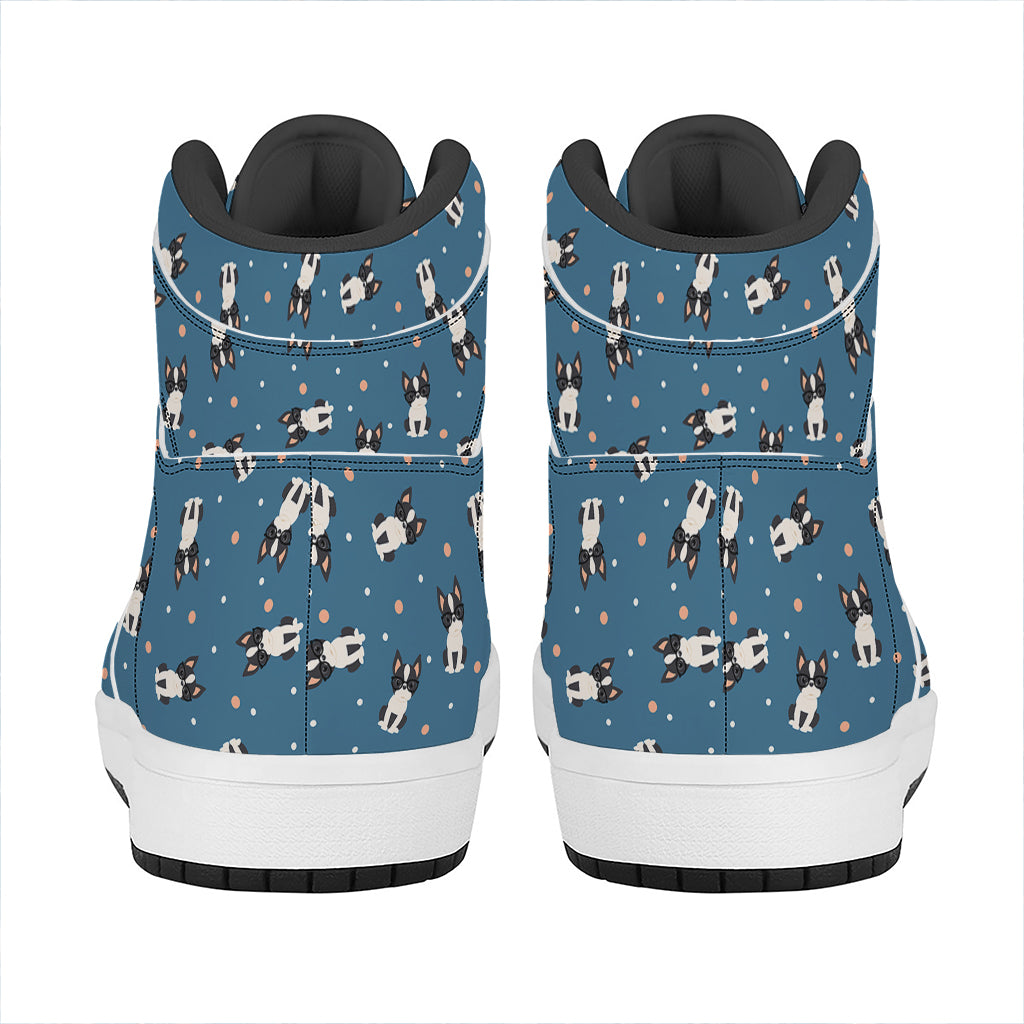 Boston Terrier With Glasses Print High Top Leather Sneakers