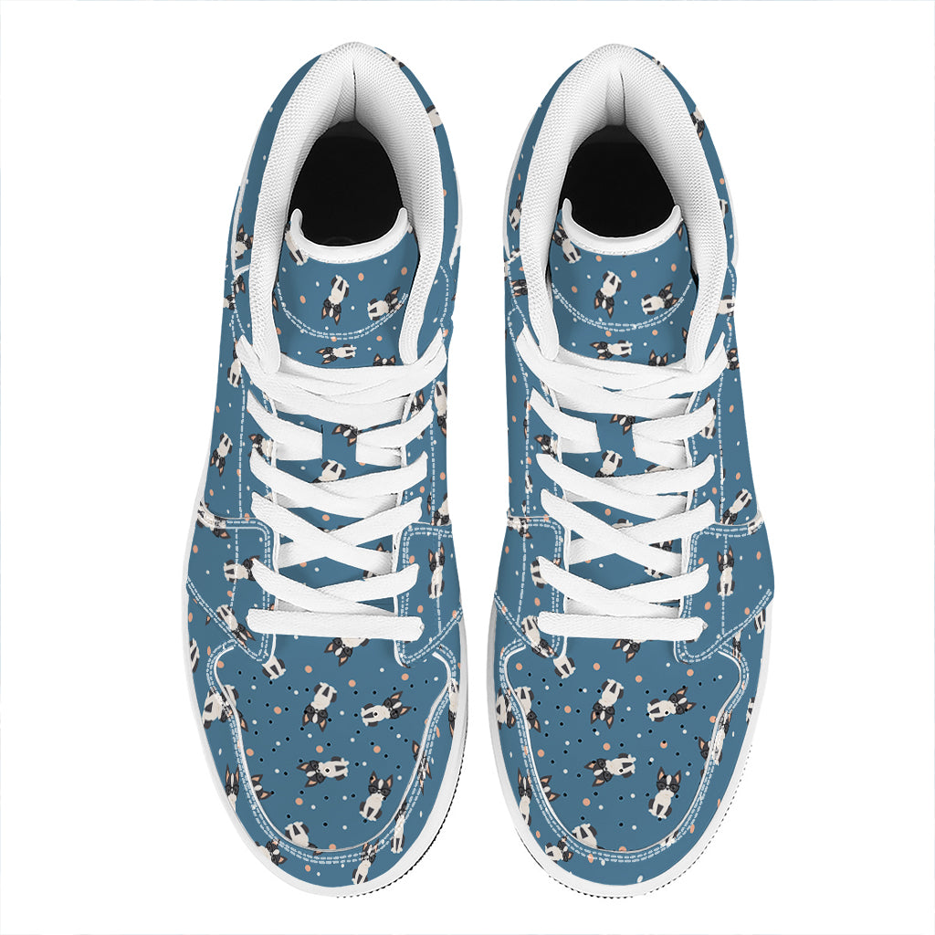 Boston Terrier With Glasses Print High Top Leather Sneakers