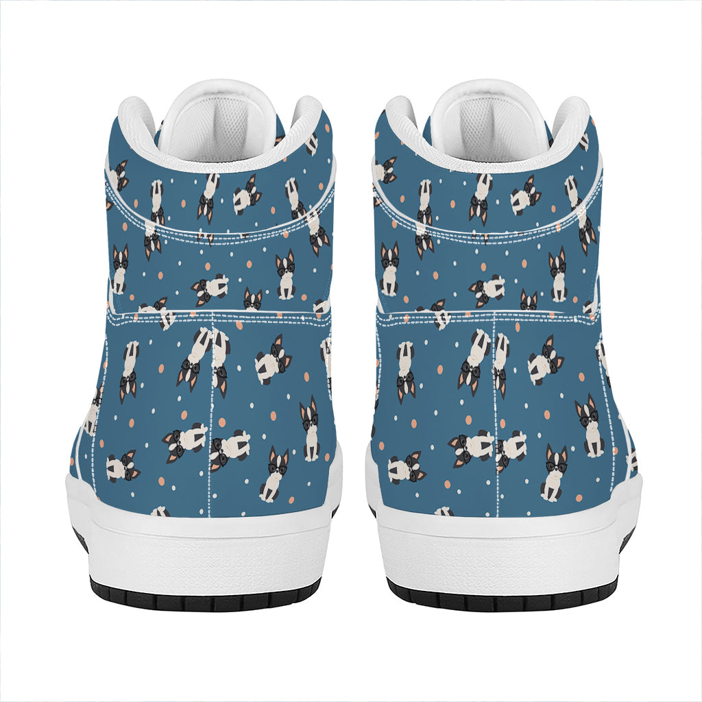 Boston Terrier With Glasses Print High Top Leather Sneakers