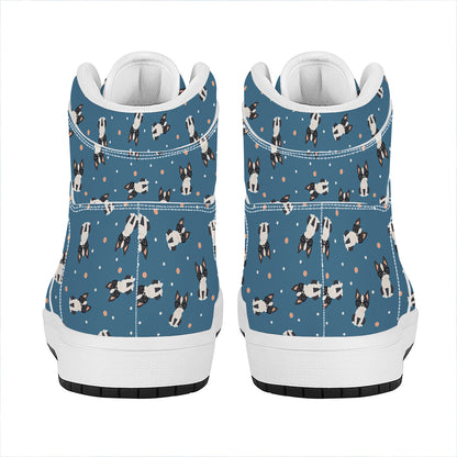 Boston Terrier With Glasses Print High Top Leather Sneakers