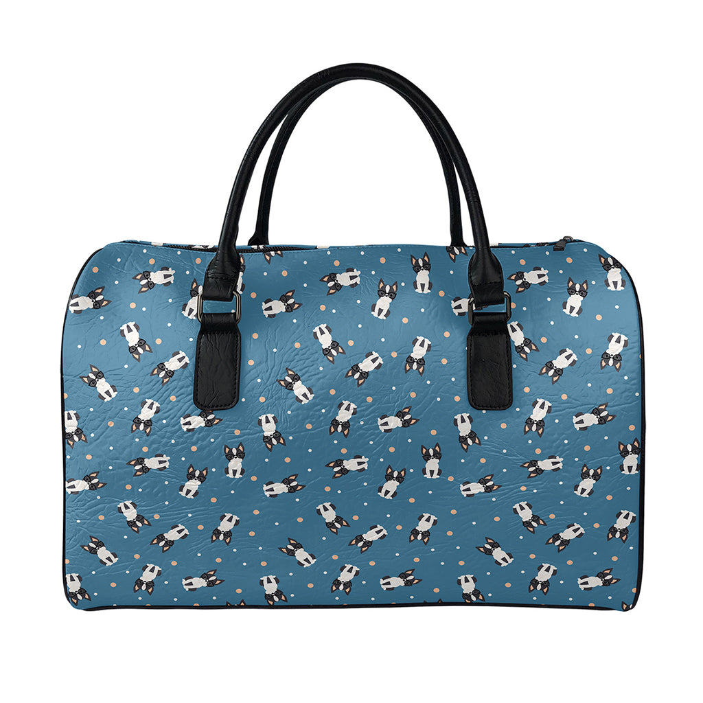 Boston Terrier With Glasses Print Leather Duffle Bag